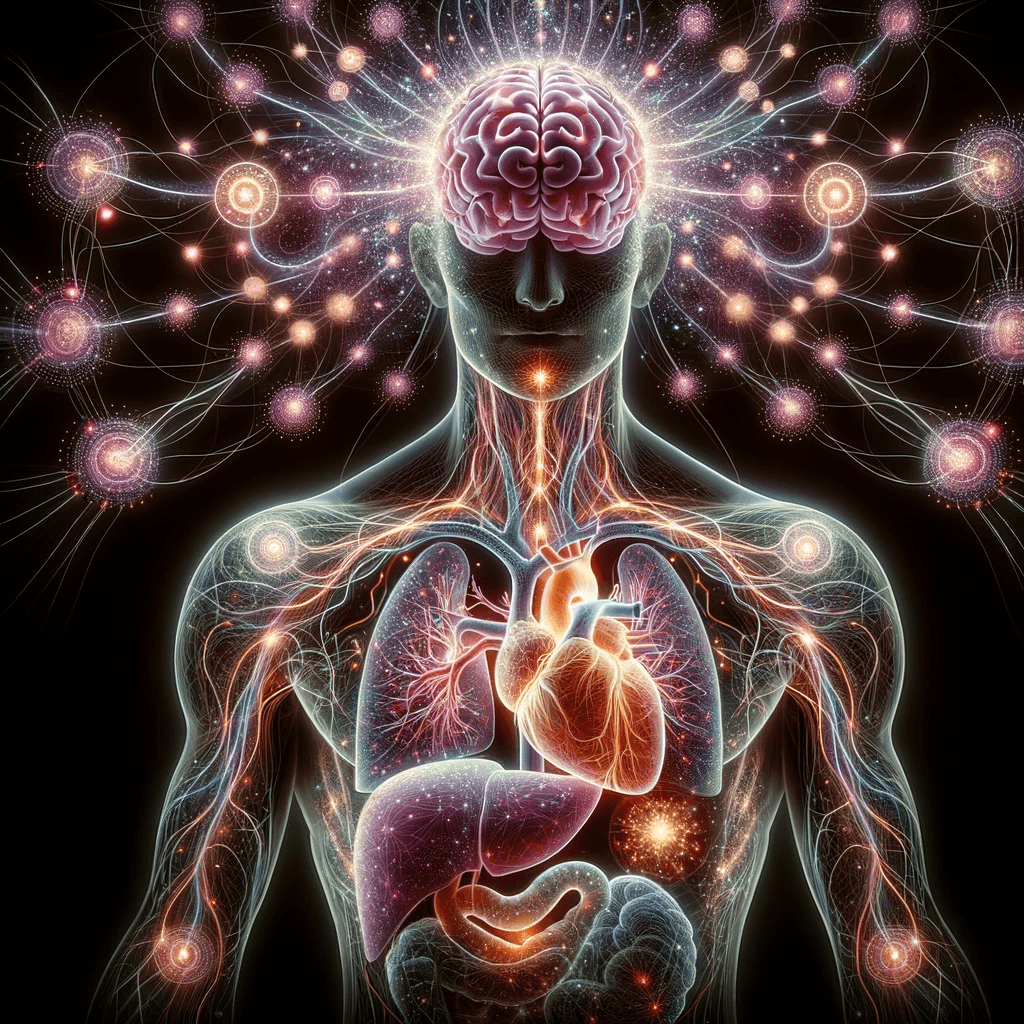 Artistic representation of the concept of Cellular Resonance Quantum Healing focusing on identifying weak organ/gland/brain centers