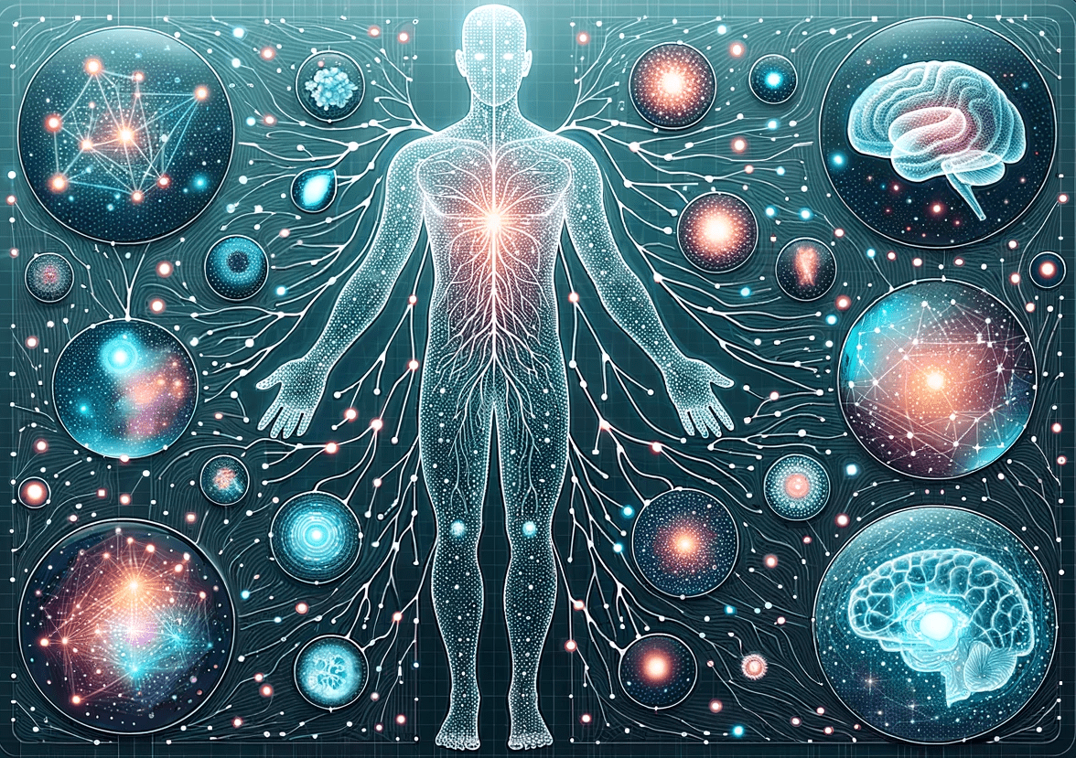 ector design of a translucent human body with glowing points and interconnected lines representing neural pathways, set on a rectangular canvas